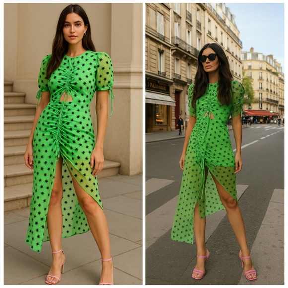 Alice McCall Dresses & Skirts - Alice McCall Green Apple Stardust Tulle Midi Dress Ruched Puff Sleeve 4 NWT